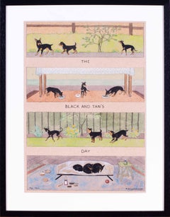 Vintage British mid century watercolour and pen drawing of black and tan terrier dogs