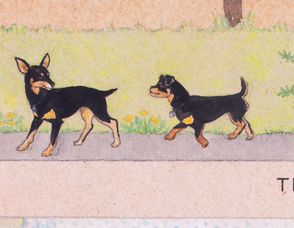 British mid century watercolour and pen drawing of black and tan terrier dogs - Academic Art by Mona Alizon Edmonds