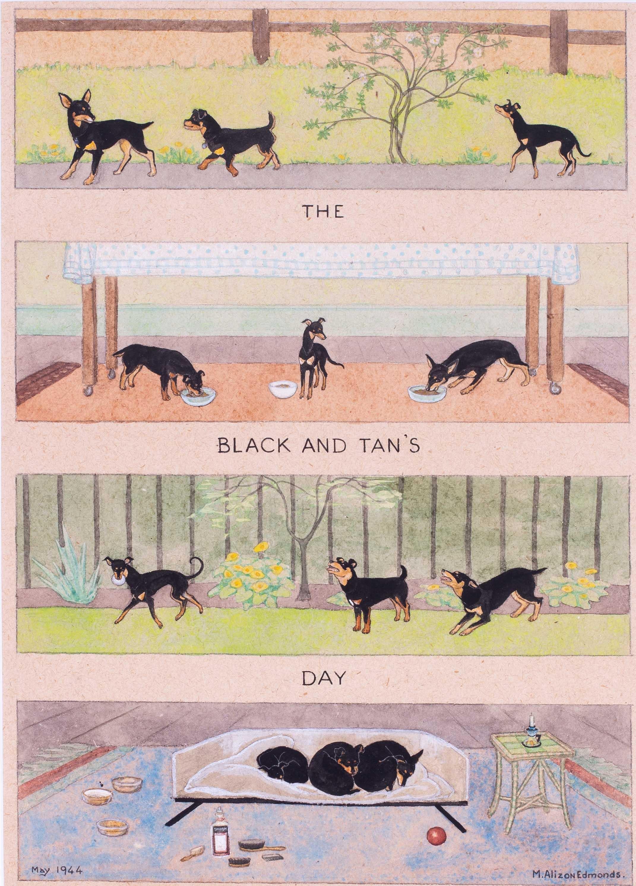 British mid century watercolour and pen drawing of black and tan terrier dogs - Art by Mona Alizon Edmonds