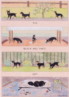 British mid century watercolour and pen drawing of black and tan terrier dogs