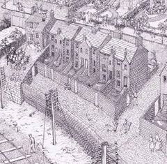 Dibujo británico a pluma de mediados de siglo "Vista de pájaro" de Mona Alizon Edwards