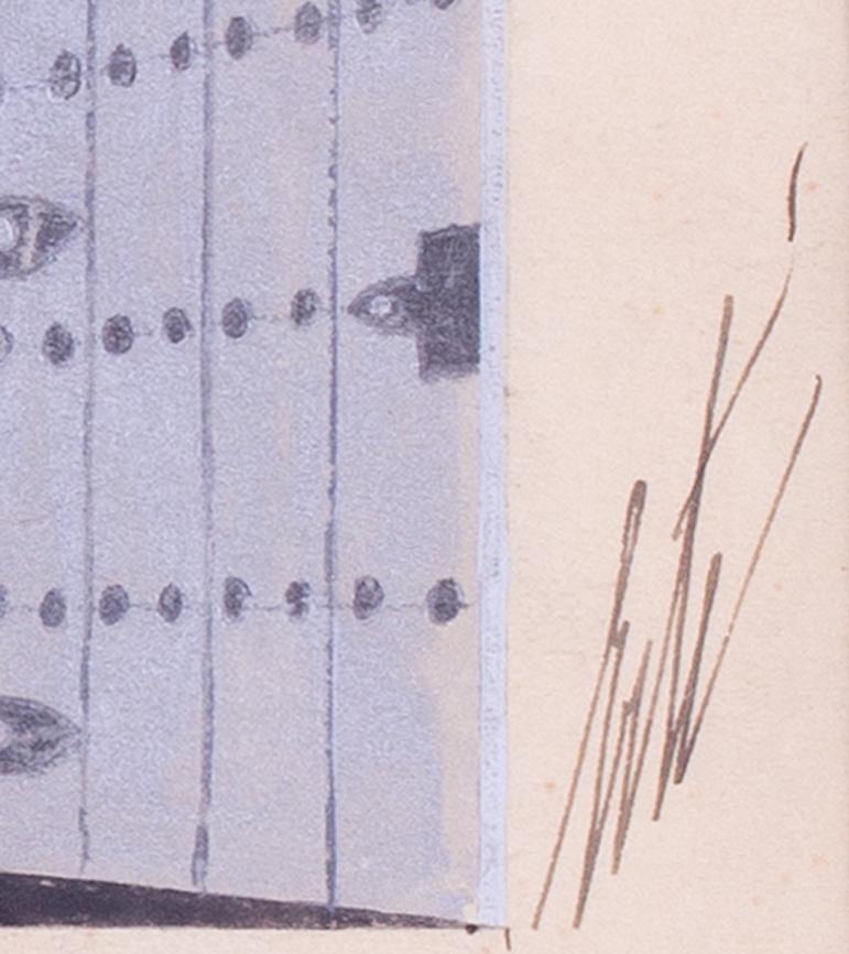 Erte (Romain de Tirtoff’ (French / Russian 1892 – 1990
La Porte de la Guerre #1
Gouache on paper
8.3/4 x 8.3/4 in. (22.2 x 22.2 cm.)
Signed ‘Erte’ (lower right) and numbered ‘8128’ (on the reverse) 

Romain de Tirtoff, commonly known as Erté, is