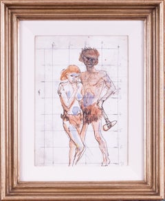 Vintage Augustus Edwin John original watercolour drawing of a caveman couple, British