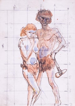 Augustus Edwin John original watercolour drawing of a caveman couple, British