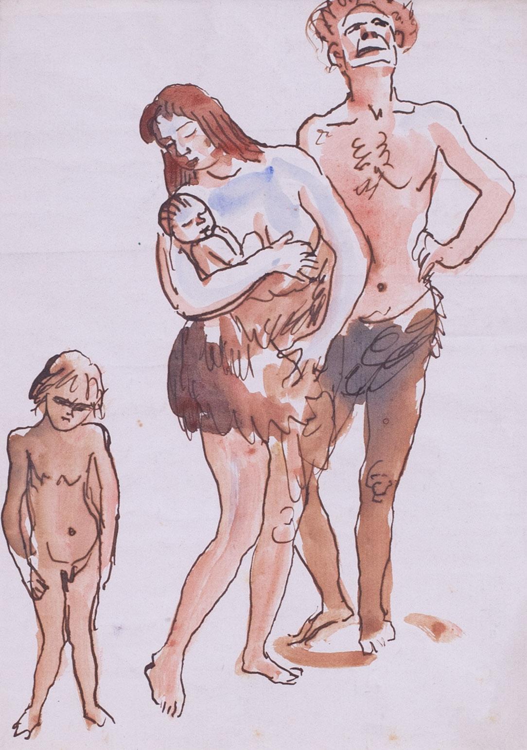 Augustus Edwin John dibujo original en acuarela de una familia cavernícola, Británico en venta 1
