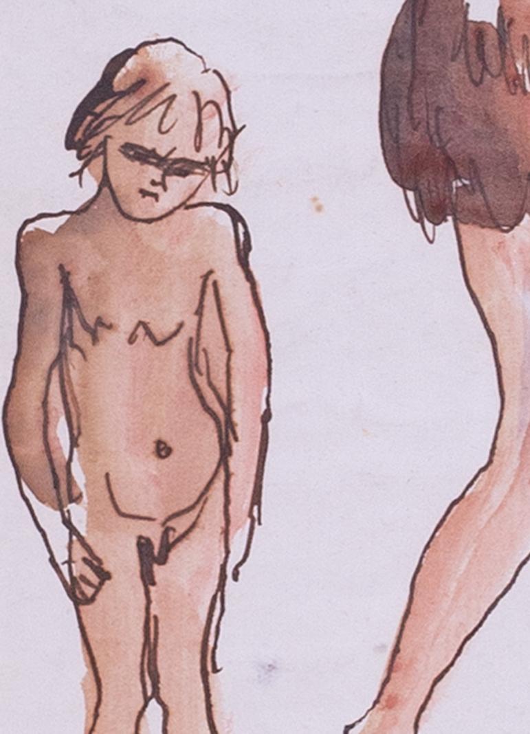 Augustus Edwin John dibujo original en acuarela de una familia cavernícola, Británico en venta 2