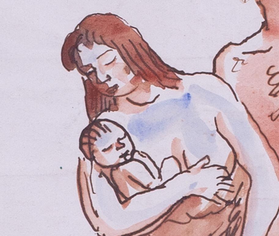 Augustus Edwin John dibujo original en acuarela de una familia cavernícola, Británico en venta 3