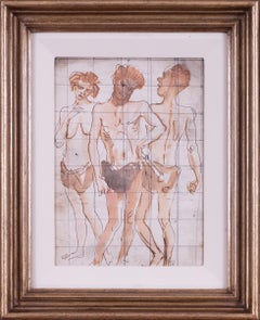 Augustus Edwin John dibujo original en acuarela de hombres de las cavernas, Británico