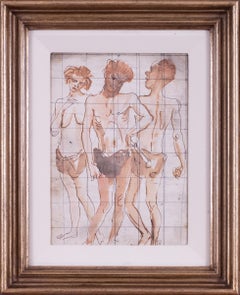 Vintage Augustus Edwin John original watercolour drawing of cavemen, British