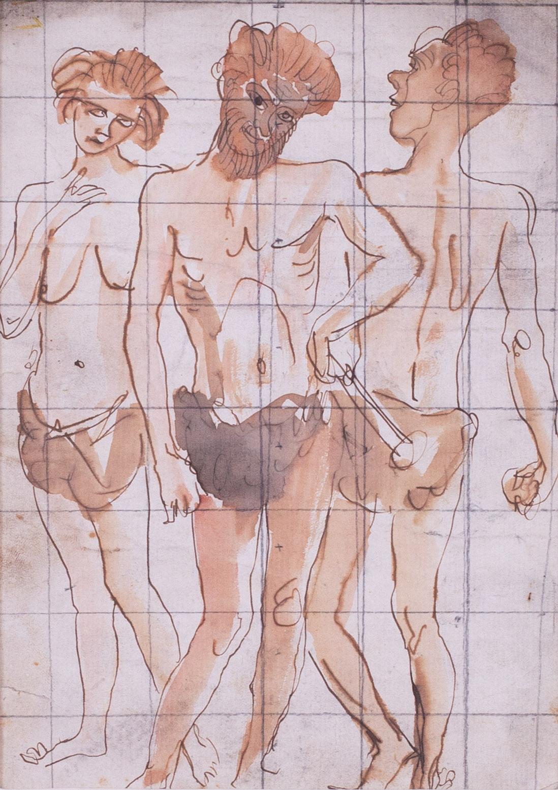 Augustus Edwin John, Original-Aquarellzeichnung von Höhlenmalern, Britisch im Angebot 1