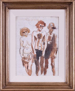 Augustus Edwin John disegno originale ad acquerello di uomini delle caverne, inglese