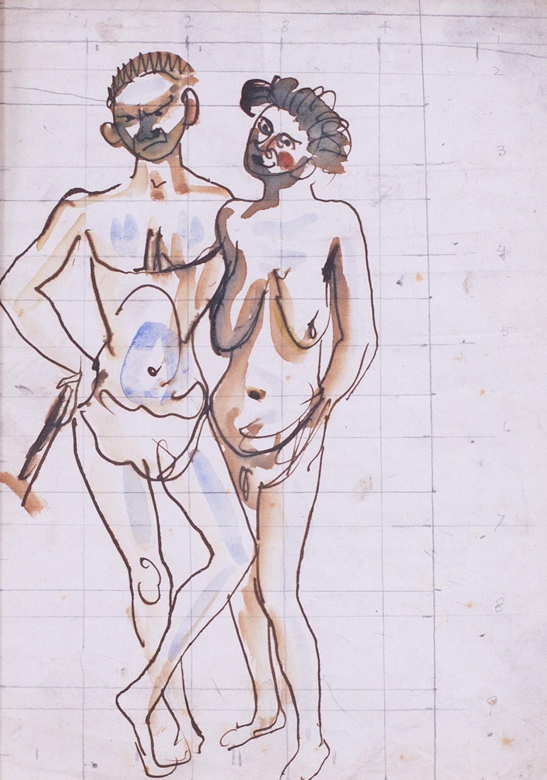 Augustus Edwin Johns, disegno originale ad acquerello firmato di una grotta  persone, inglesi in vendita 1