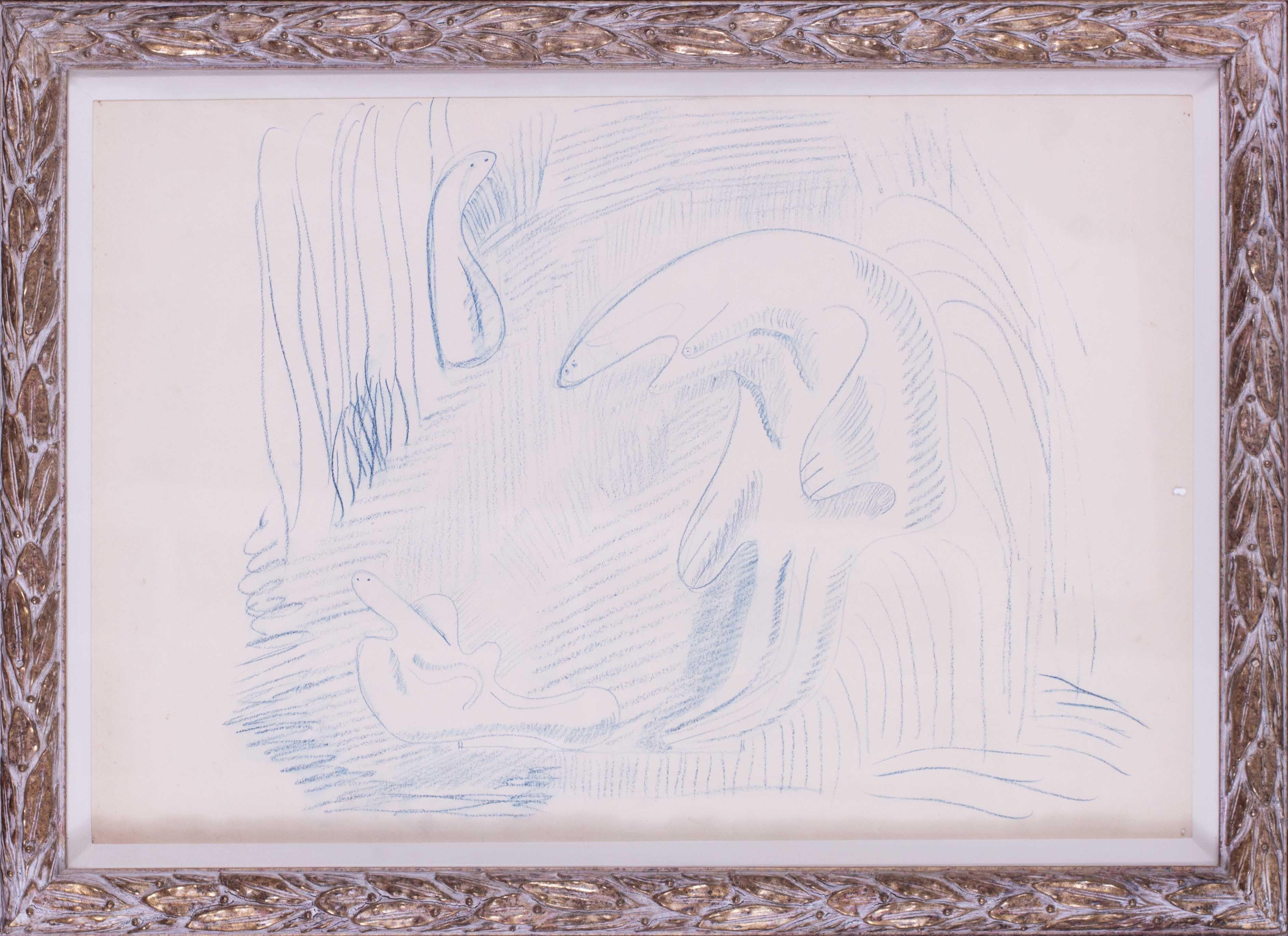 Arthur Berridge (Brite, 1902-1957) 
Abstrahierte Figuren #2 1950 
Blauer Buntstift 
14,1/2 x 21,1/2 Zoll (36,8 x 54,7 cm.) 
Provenienz: David Lay, Penzance 

Berridge wurde 1902 in Leicester geboren und besuchte das Goldsmith's College in London, wo