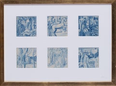 A set of six blue crayon vignettes possibly designs for later illustrations 