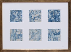 Vintage A set of six blue crayon vignettes possibly designs for later illustrations 