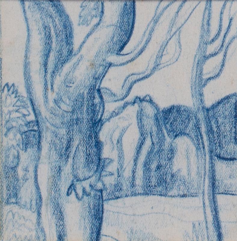 A set of six blue crayon vignettes possibly designs for later illustrations - Gray Figurative Art by Walpole Champneys