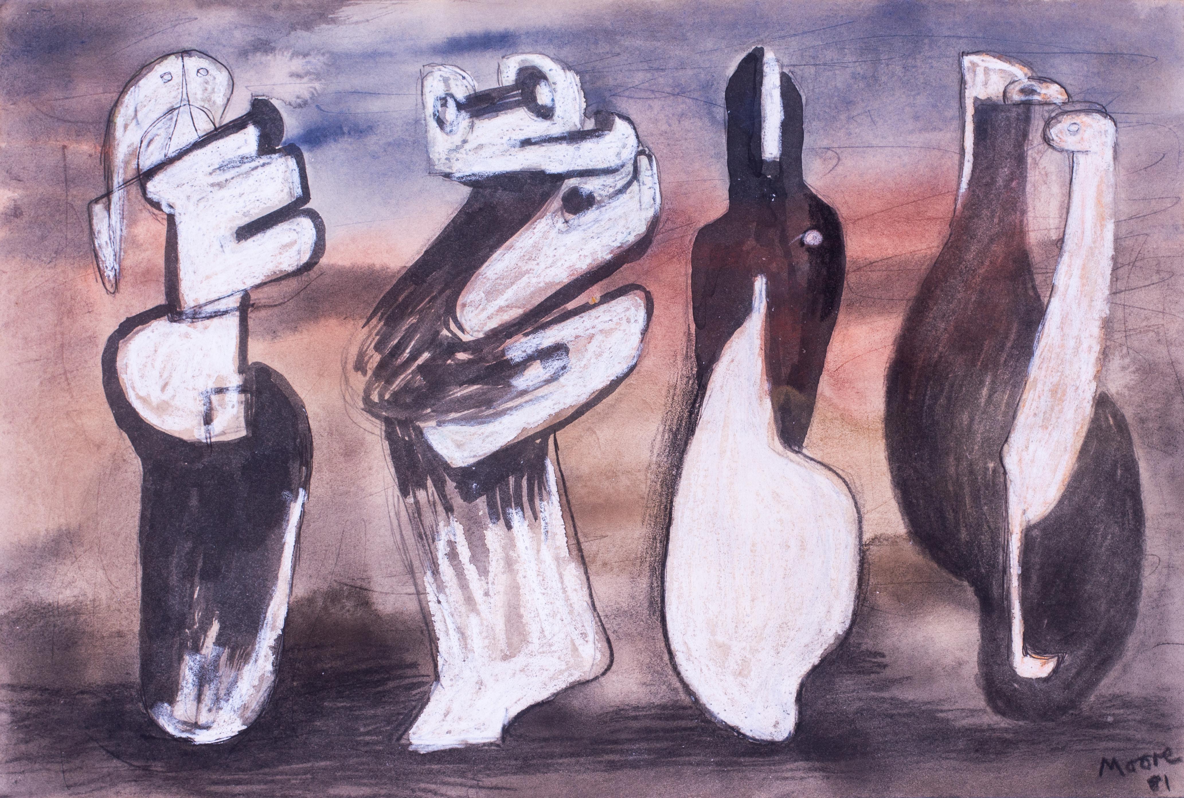 Signed and dated watercolour painting by Henry Moore, 1981 'Four ideas' - Art by  Henry Moore OM CH