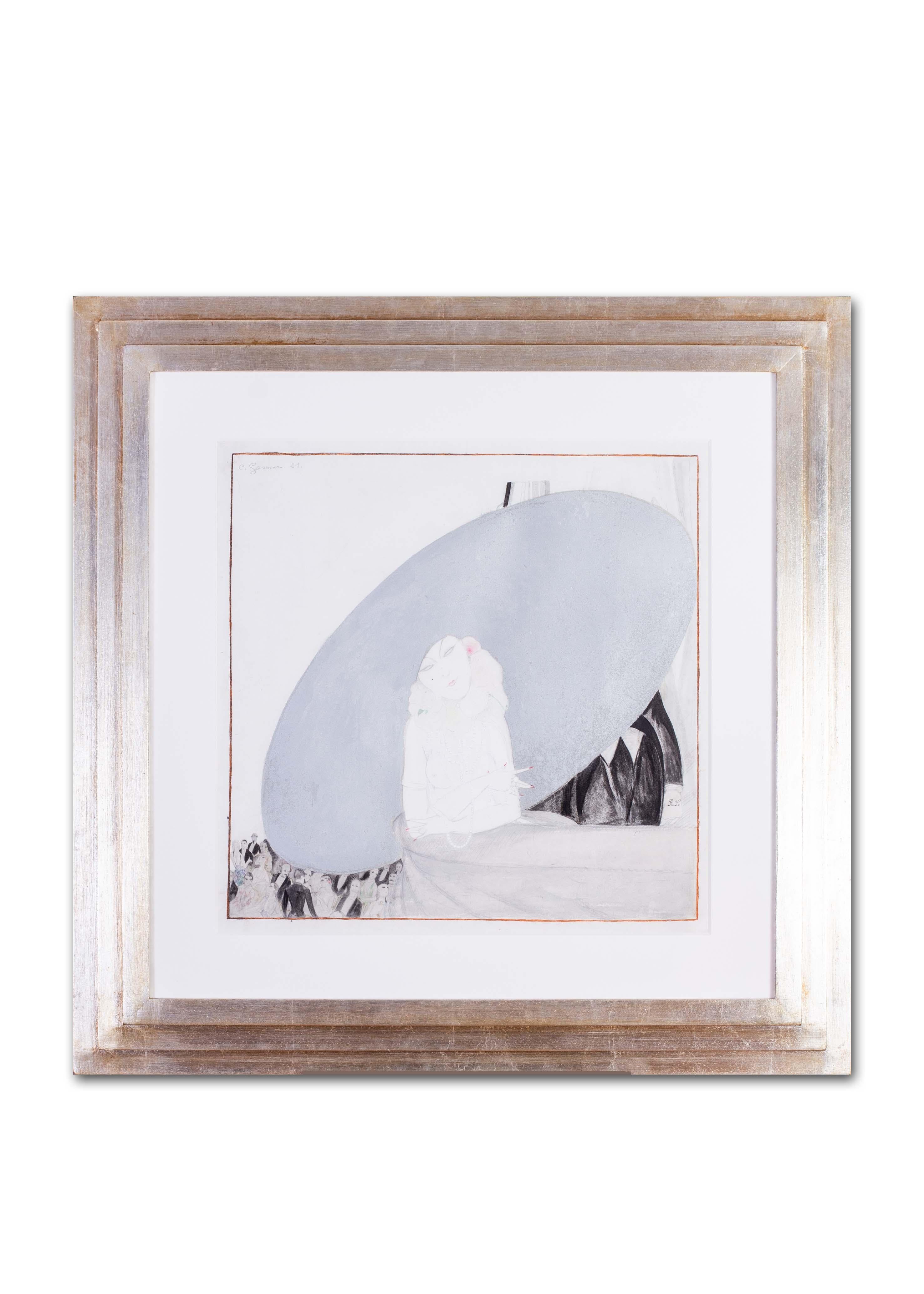 Rare Art deco painting of Jane Marnac in a hat by Gesmar,  gouache and ink 1921 For Sale 4