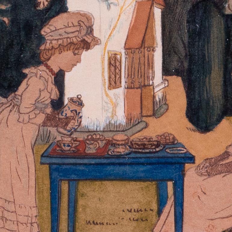 Ein Paar Original-Aquarellkunstwerke von Kate Greenaway „Under the Window“, 1879 im Angebot 4
