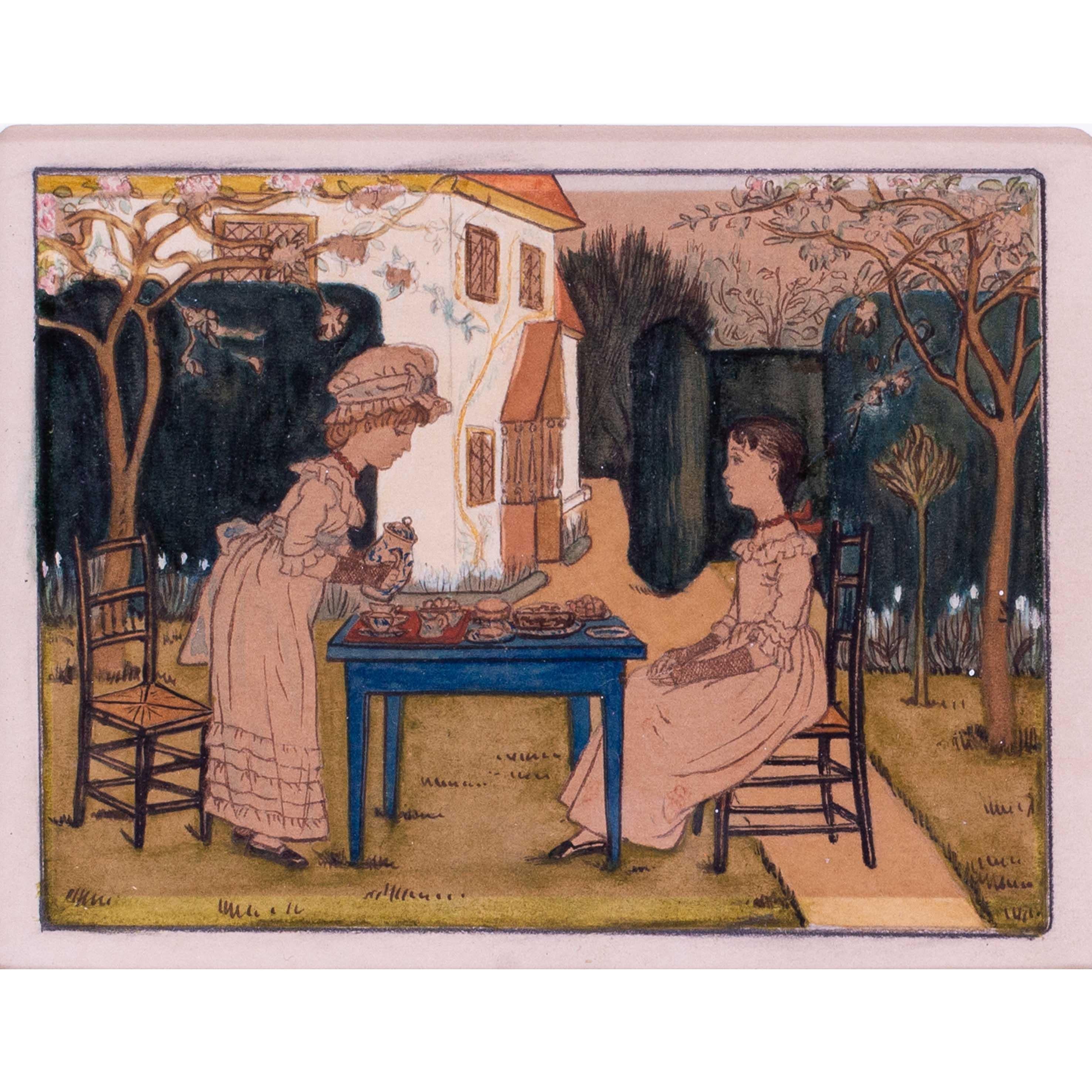 Ein Paar Original-Aquarellkunstwerke von Kate Greenaway „Under the Window“, 1879 im Angebot 2