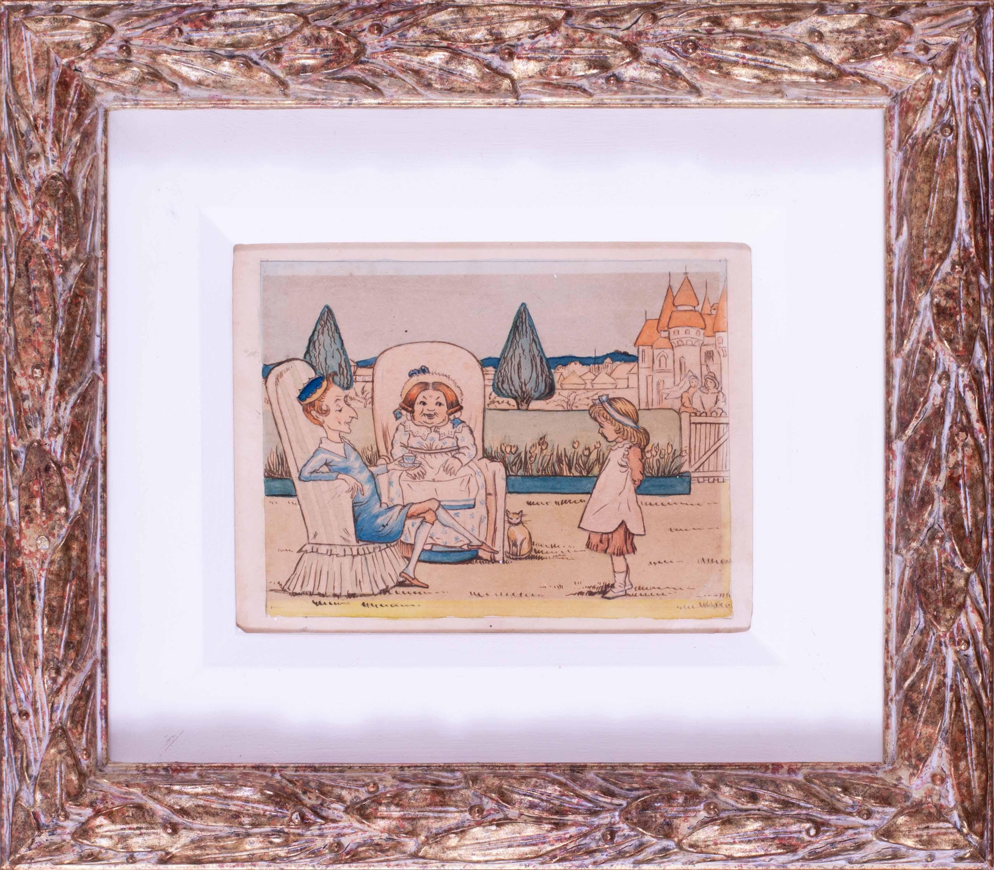 Ein Paar Original-Aquarellkunstwerke von Kate Greenaway „Under the Window“, 1879 im Angebot 1