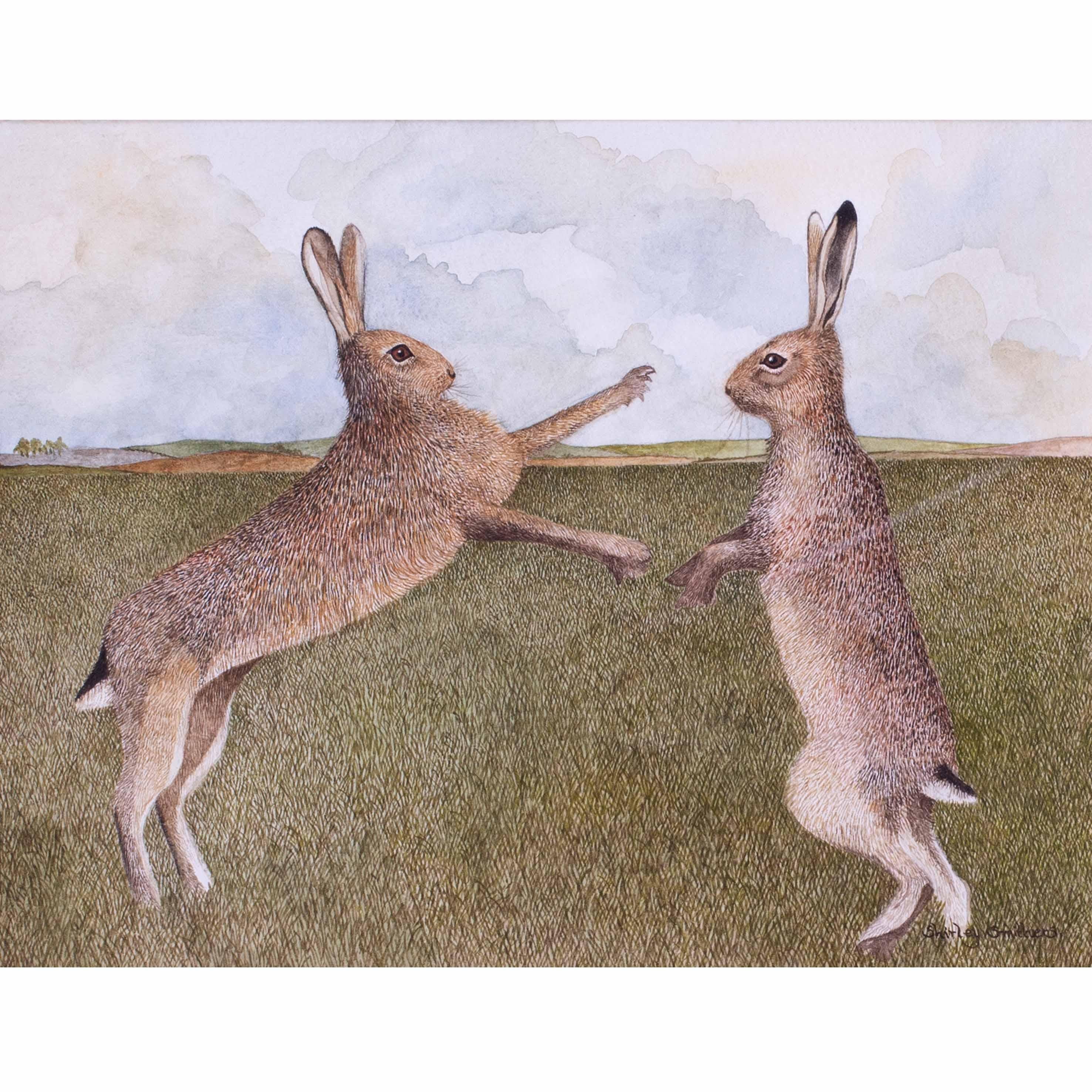 Aquarelle britannique du 20e siècle ou March Hares de Shirley Smithers en vente 1