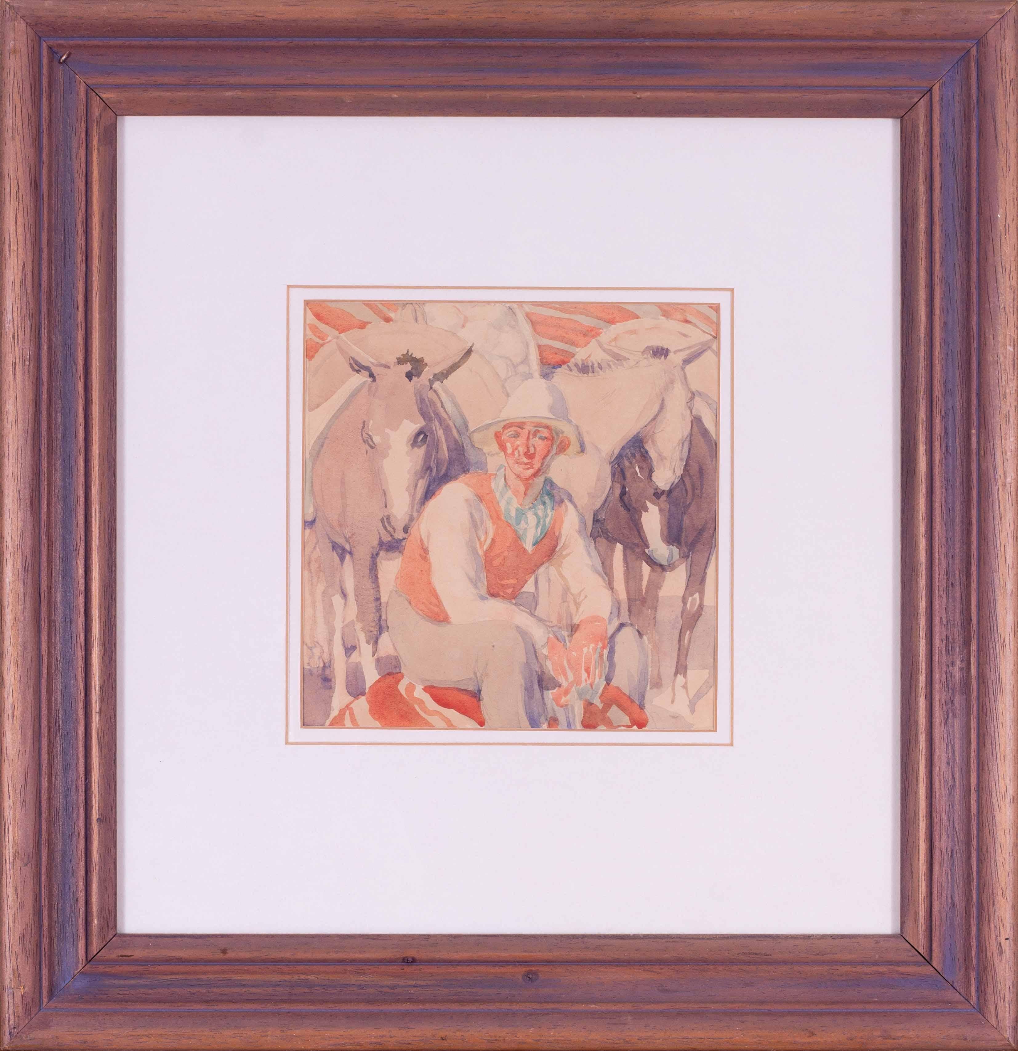 Set of 4 watercolours, mid 20th Century British by Harold Dearden, farm helpers