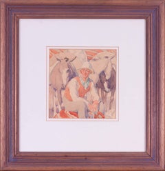 Vintage Set of 4 watercolours, mid 20th Century British by Harold Dearden, farm helpers