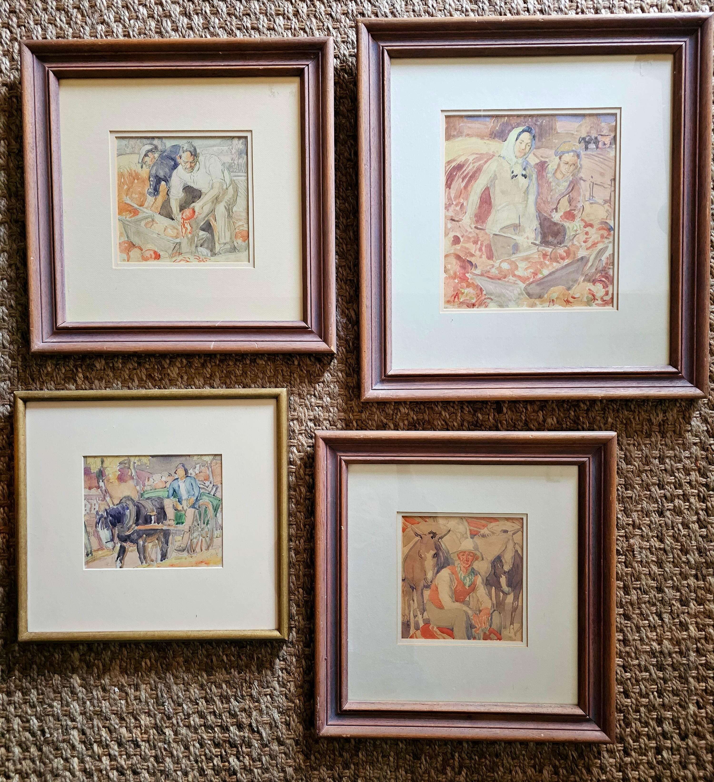 Set di 4 acquerelli, metà del XX secolo, di Harold Dearden, aiutanti di fattoria in vendita 6