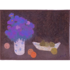 Modern British pastel study of flowers with oranges and pears by Bernard Myers