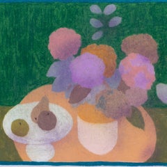 Modern British pastel study of hydrangeas and fruit still life by Bernard Myers