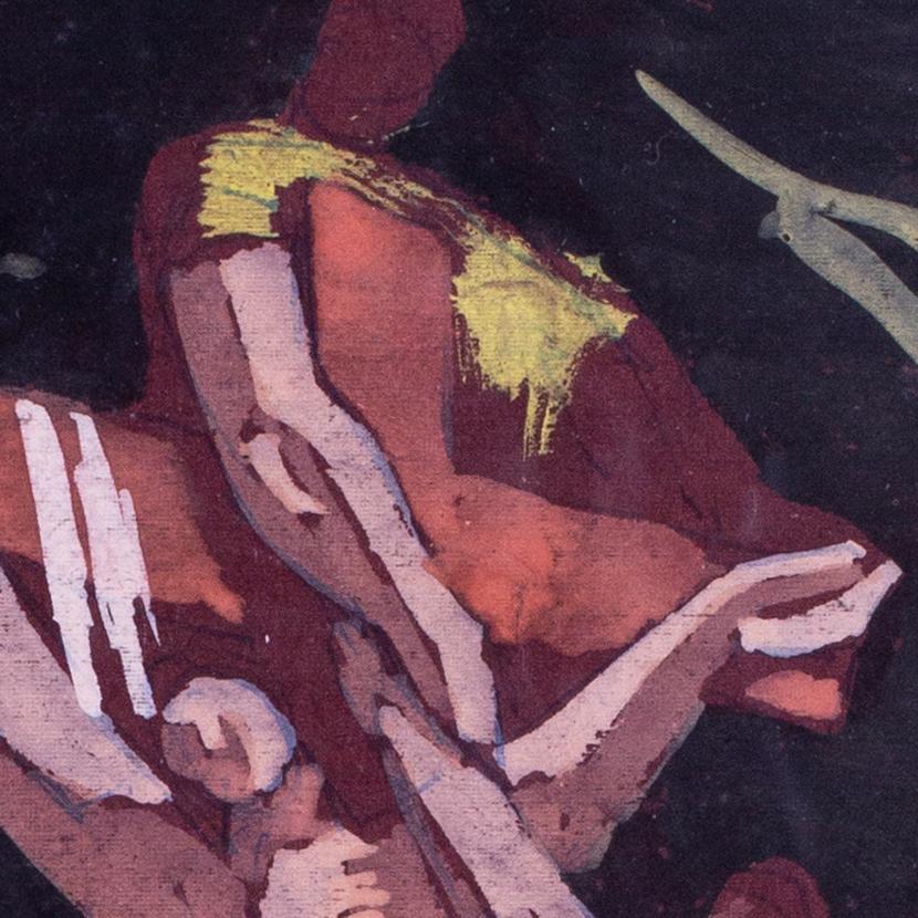 Norman Basile Townes (britannique, 1915 - 1987)
La déposition
Gouache sur papier
9.1/2 x 6.1/8 in. (24.2 x 15.5 cm.)

Norman Basile Townes (1905-1984) était un artiste britannique connu pour ses œuvres religieuses et allégoriques évocatrices,