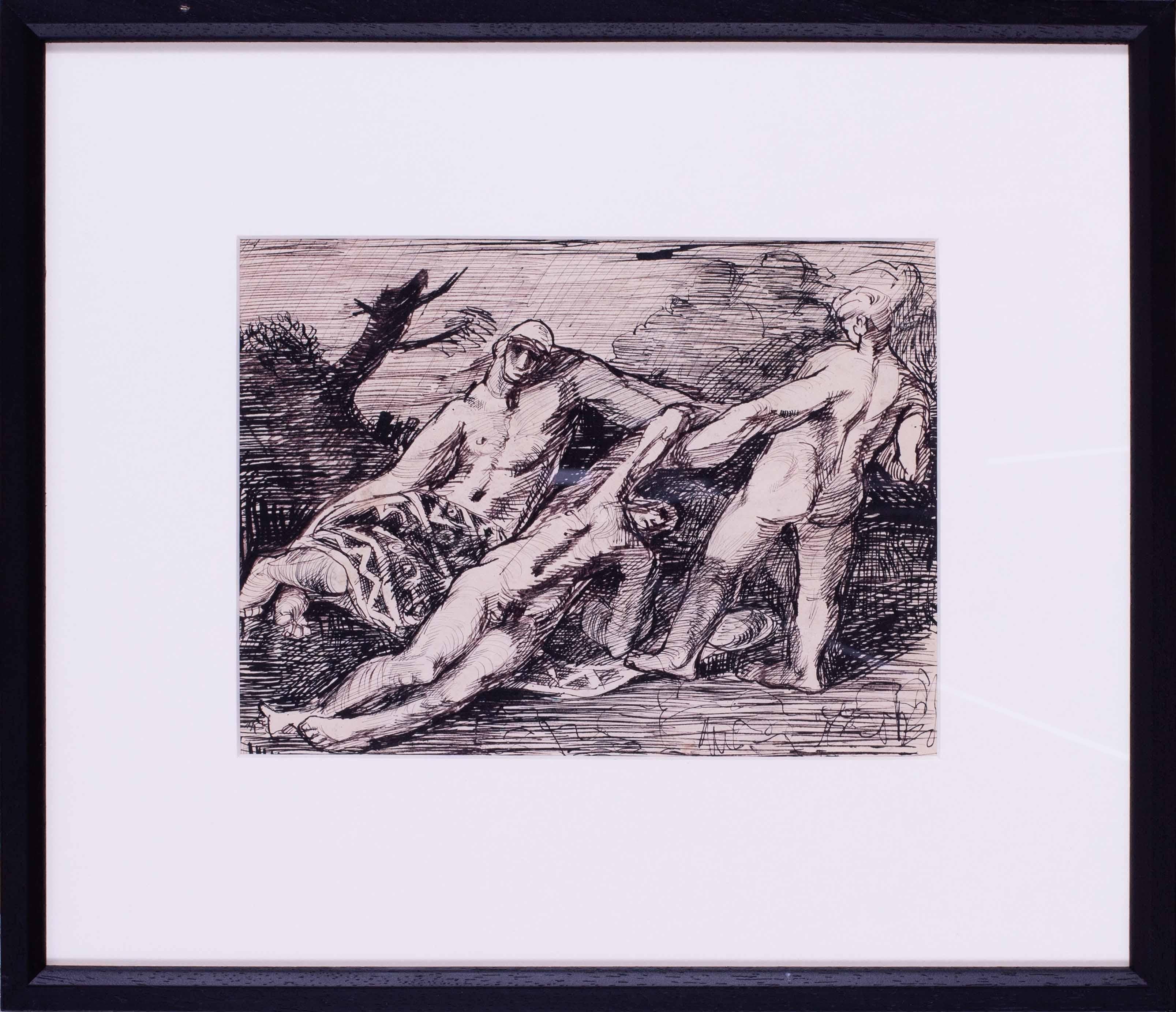 Britisches, ausdrucksstarkes Aquarell aus der Mitte des Jahrhunderts 'Eine klassische Allegorie' Townes