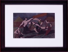 Gouache expressive britannique du milieu du siècle "Une danse à la foire" par Basile Townes