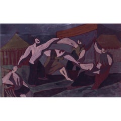 British expressive, mid century gouache 'A dance at the fair' by Basil Town