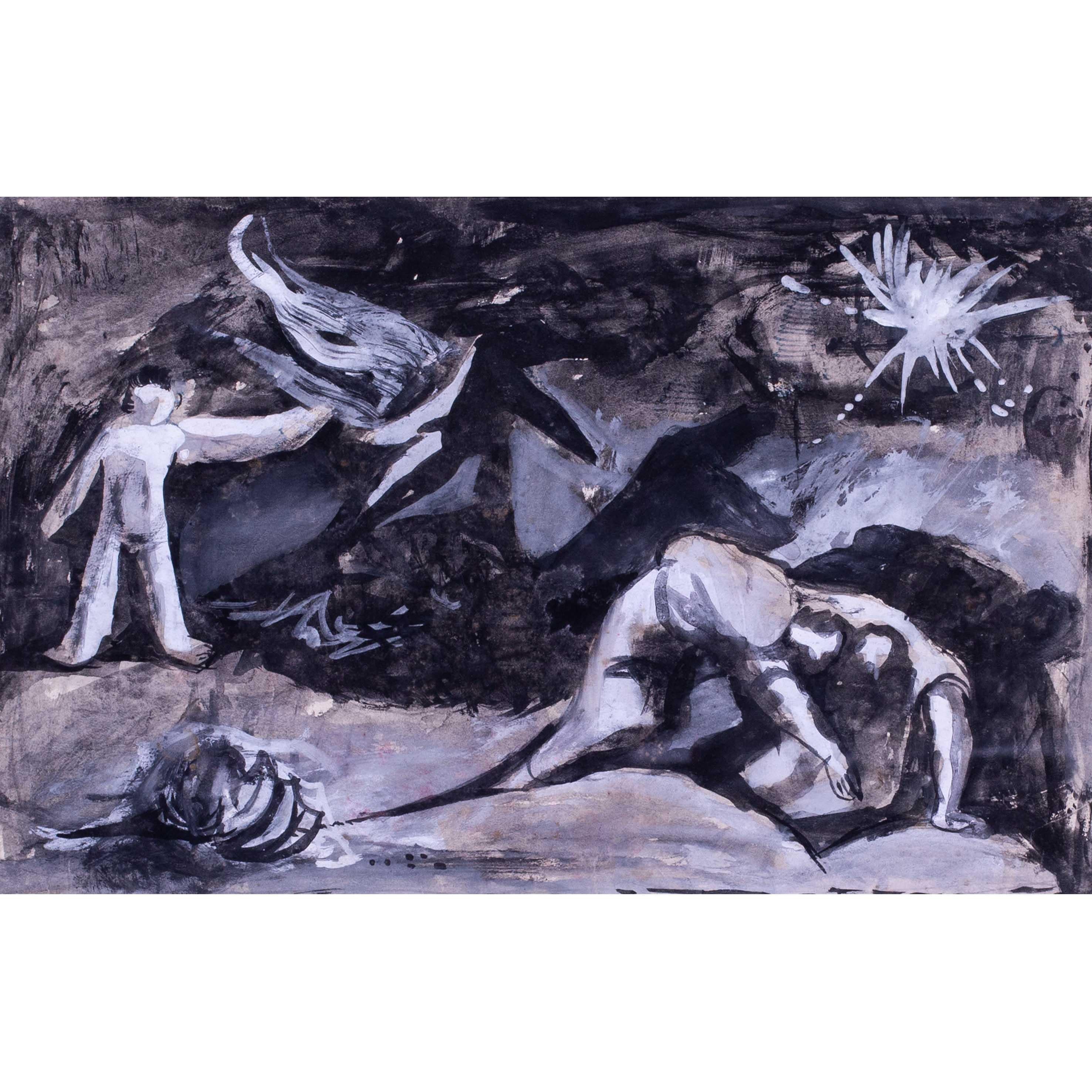 Britische ausdrucksstarke Gouache aus der Mitte des Jahrhunderts 