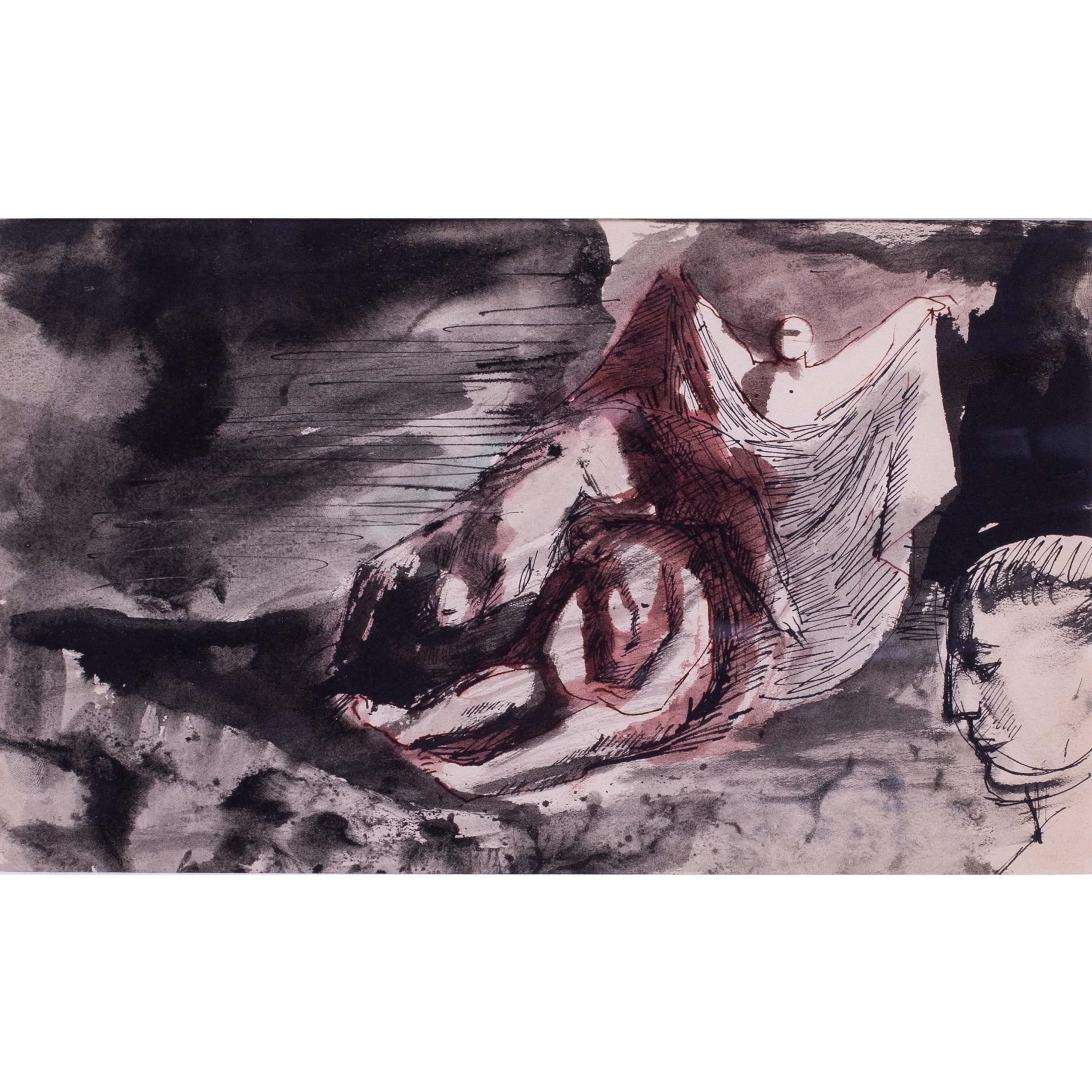 Britische ausdrucksstarke Gouache aus der Mitte des Jahrhunderts 