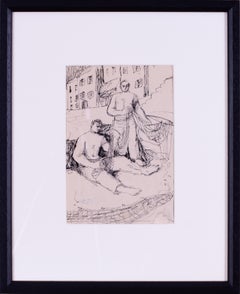 British expressive, mid century pen and ink 'Preparing the nets' by Basil Town