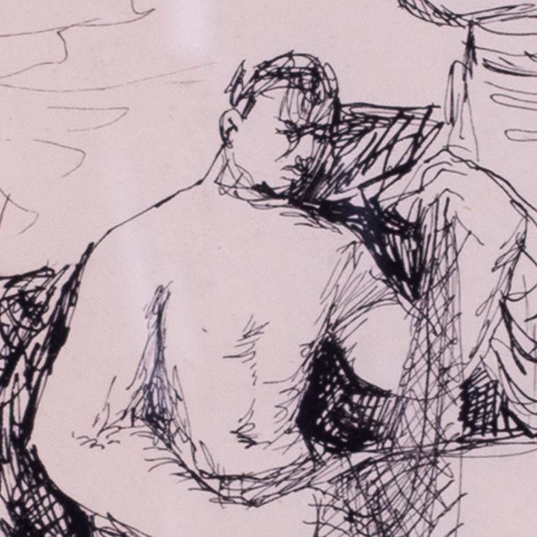 Norman Basil Town (British, 1915 – 1987)
Preparing the nets
Pen and ink
7.7/8 x 5.1/4in. (19.1/2 x 13 in.)

Norman Basil Town (1905–1984) was a British artist known for his evocative religious and allegorical works, often rendered with a striking