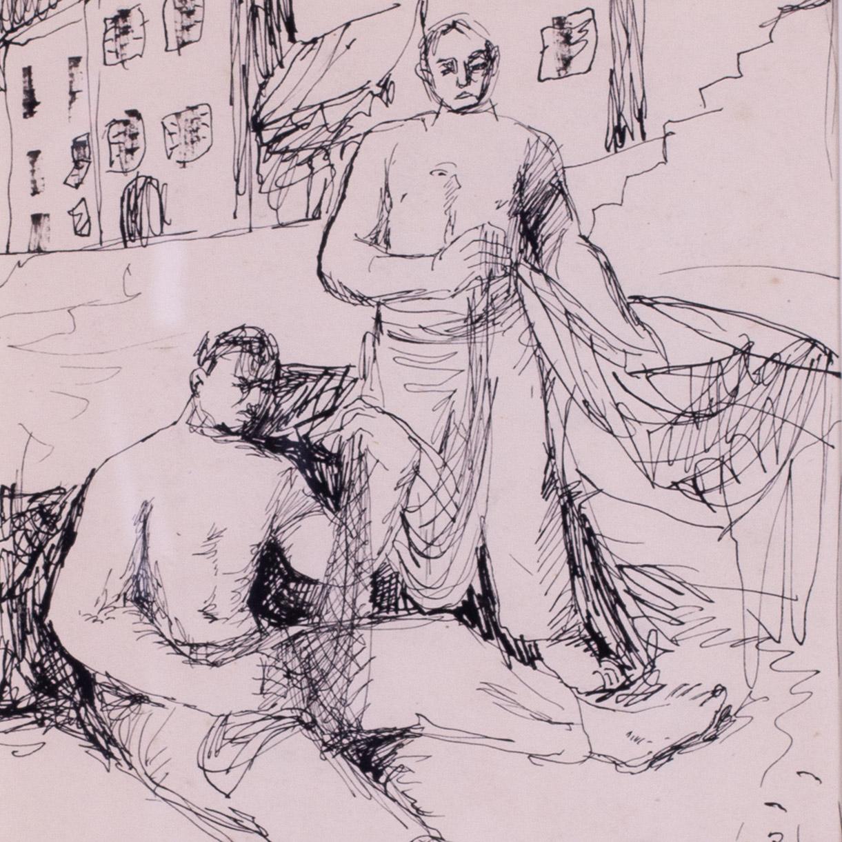 British expressive, mid century pen and ink 'Preparing the nets' by Basil Town - Expressionist Art by Norman Basil Town