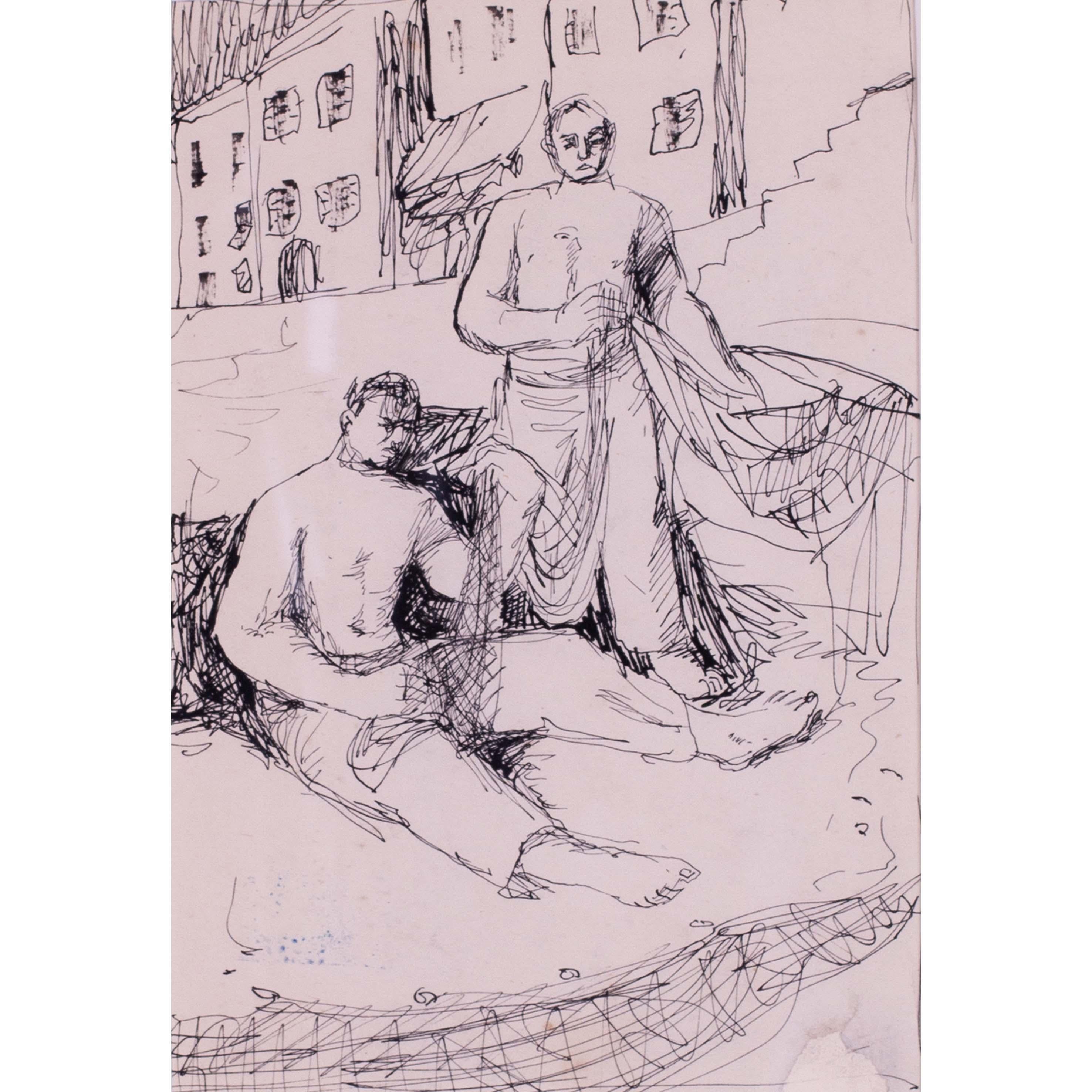 British expressive, mid century pen and ink 'Preparing the nets' by Basil Town - Art by Norman Basil Town