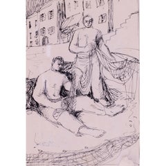 British expressive, mid century pen and ink 'Preparing the nets' by Basil Town