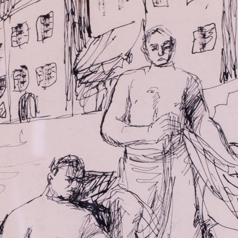 British expressive, mid century pen and ink 'Preparing the nets' by Basil Town For Sale 1