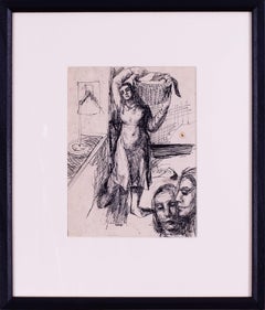 British expressive, mid century pen and ink 'Washer Women' by Basil Town