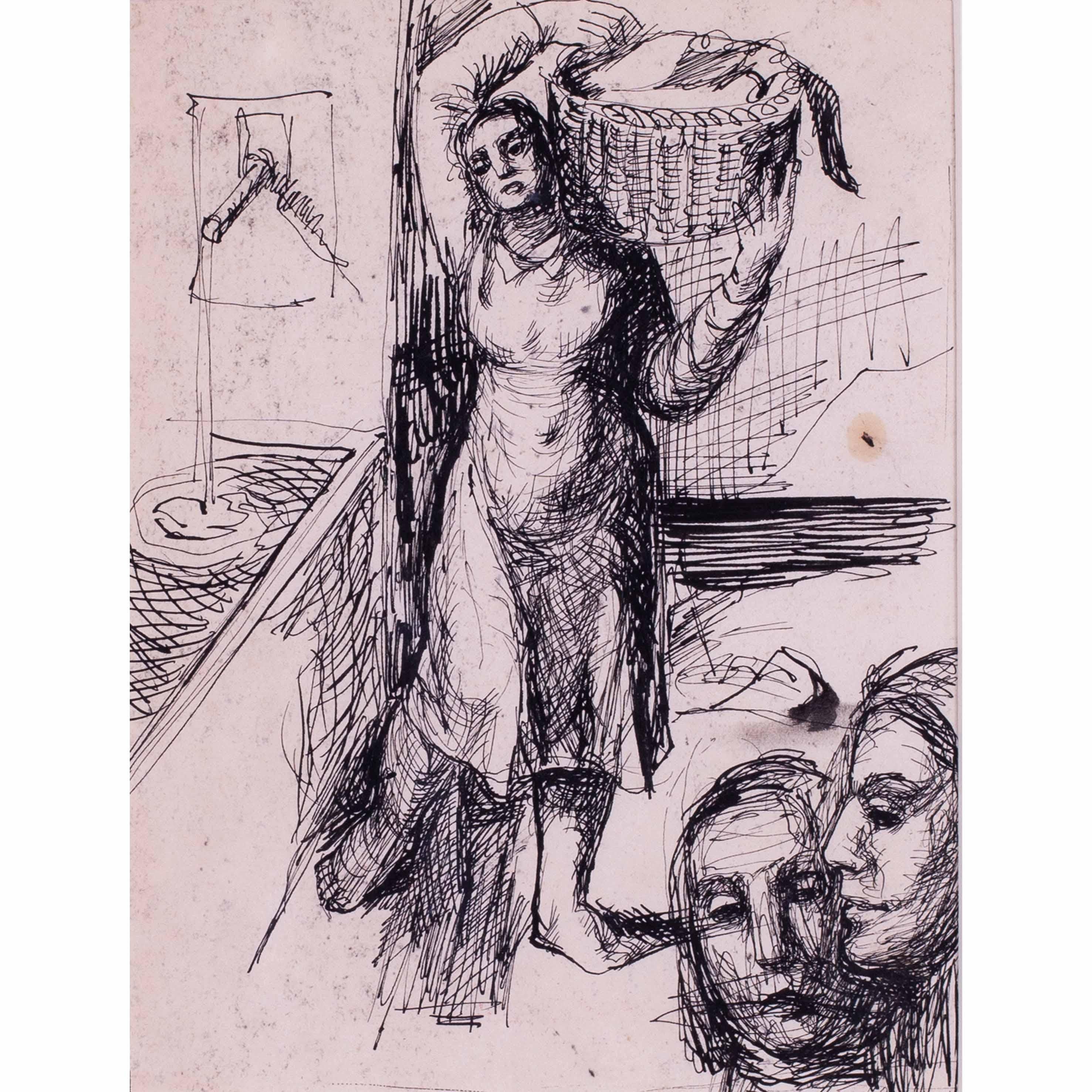 British expressive, mid century pen and ink 'Washer Women' by Basil Town For Sale 1