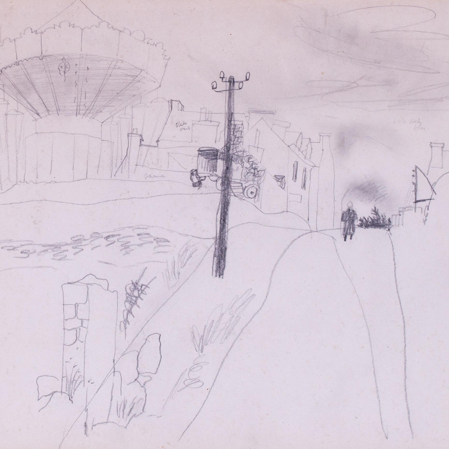 Dessin original de Christopher Wood, Royaume-Uni 20e siècle, Arrivée de la fête foraine en vente 1