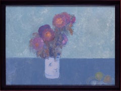 Modern British oil study of Dahlias and fruit by Bernard Myers