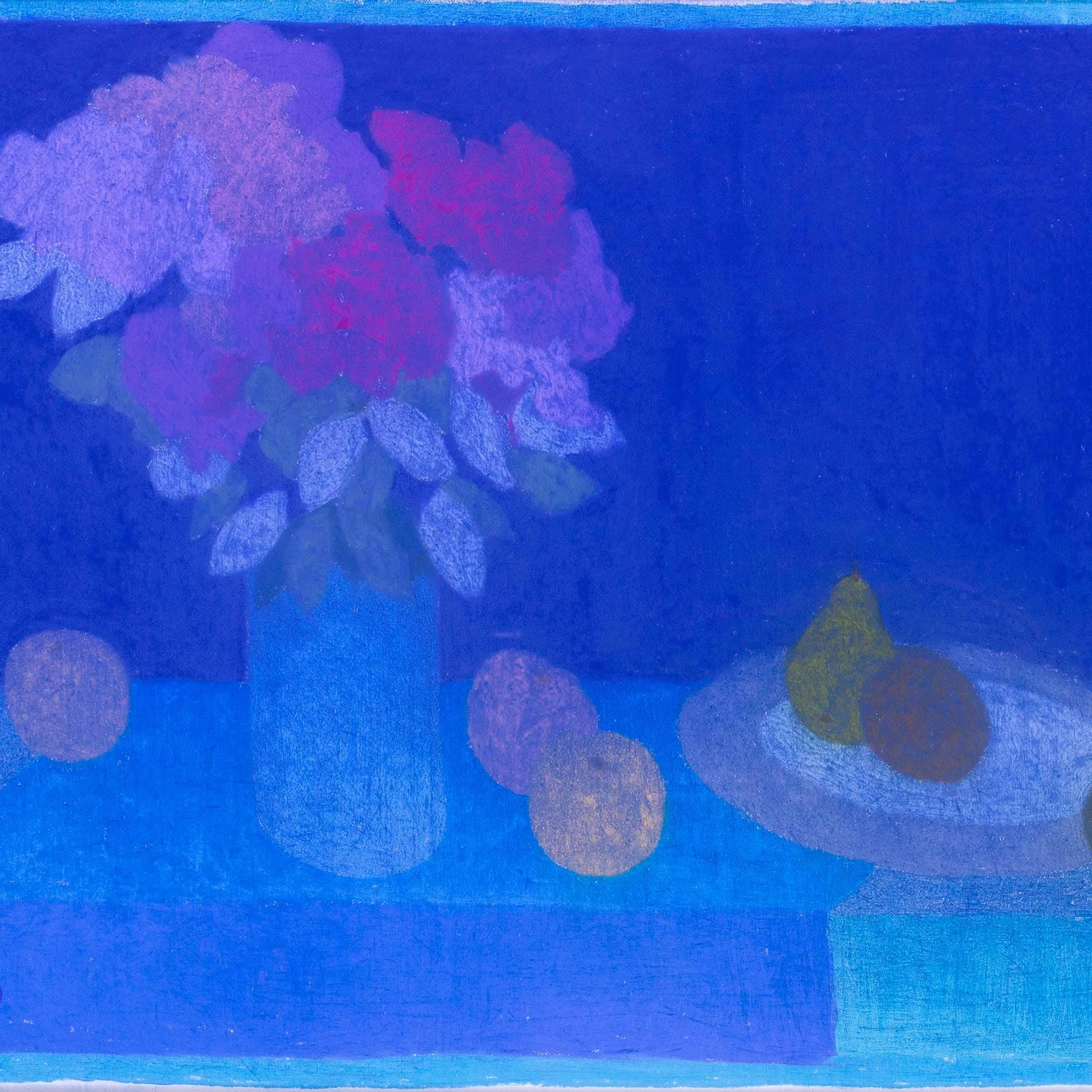Studio a pastello Modern British Natura morta su blu di Bernard Myers in vendita 2