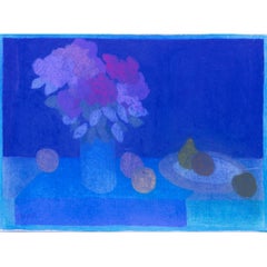 Modern British pastel study Still life on blue by Bernard Myers