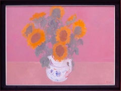 Modern British oil study of Sunflowers on Pink by Bernard Myers